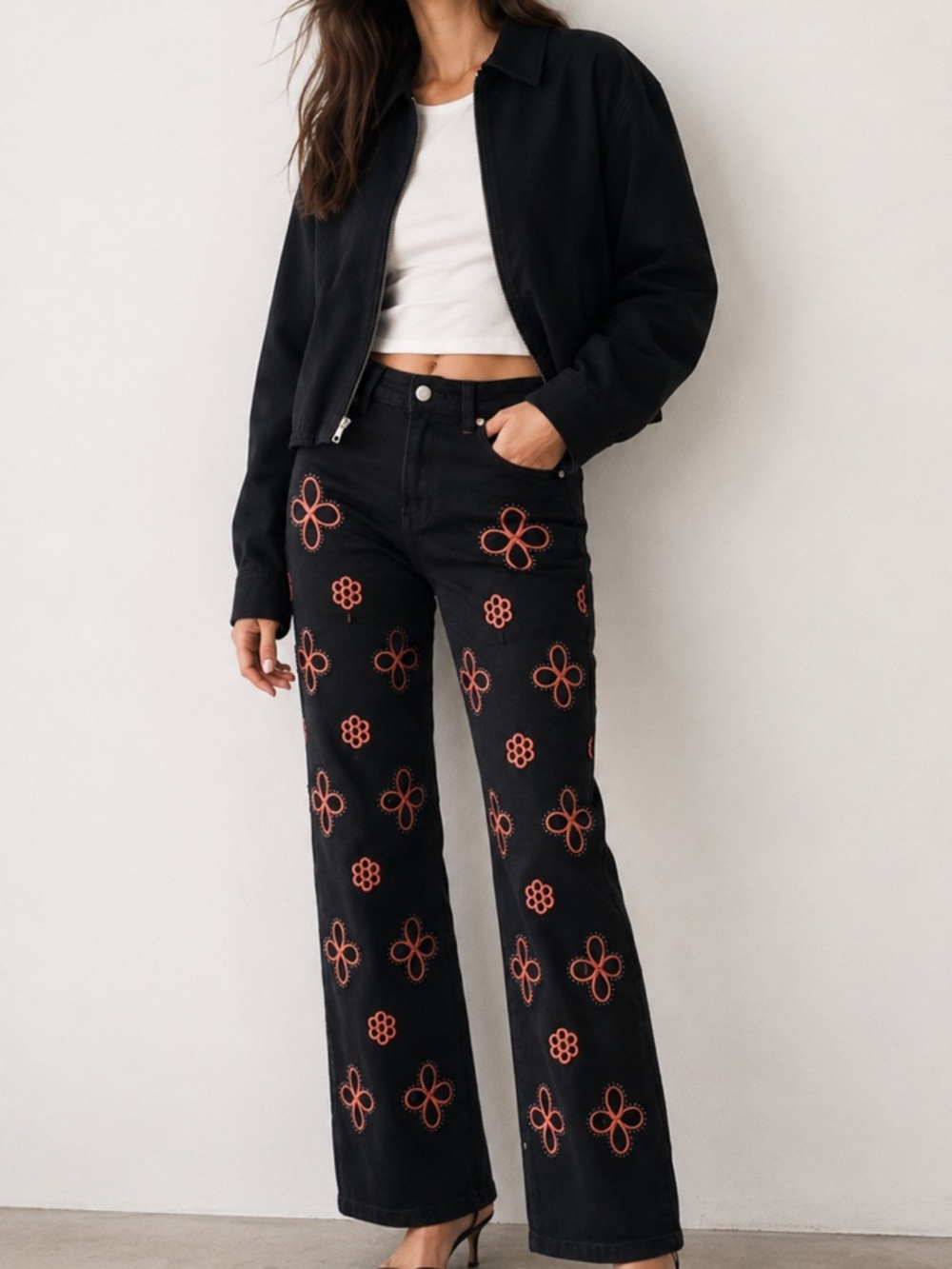 Blogger favorite Black Embroidered Straight Leg High Waist Statement Jeans